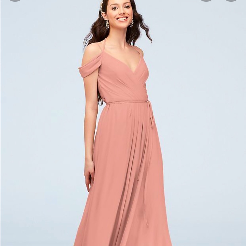 off-the-shoulder bridesmaids dress with cascade
